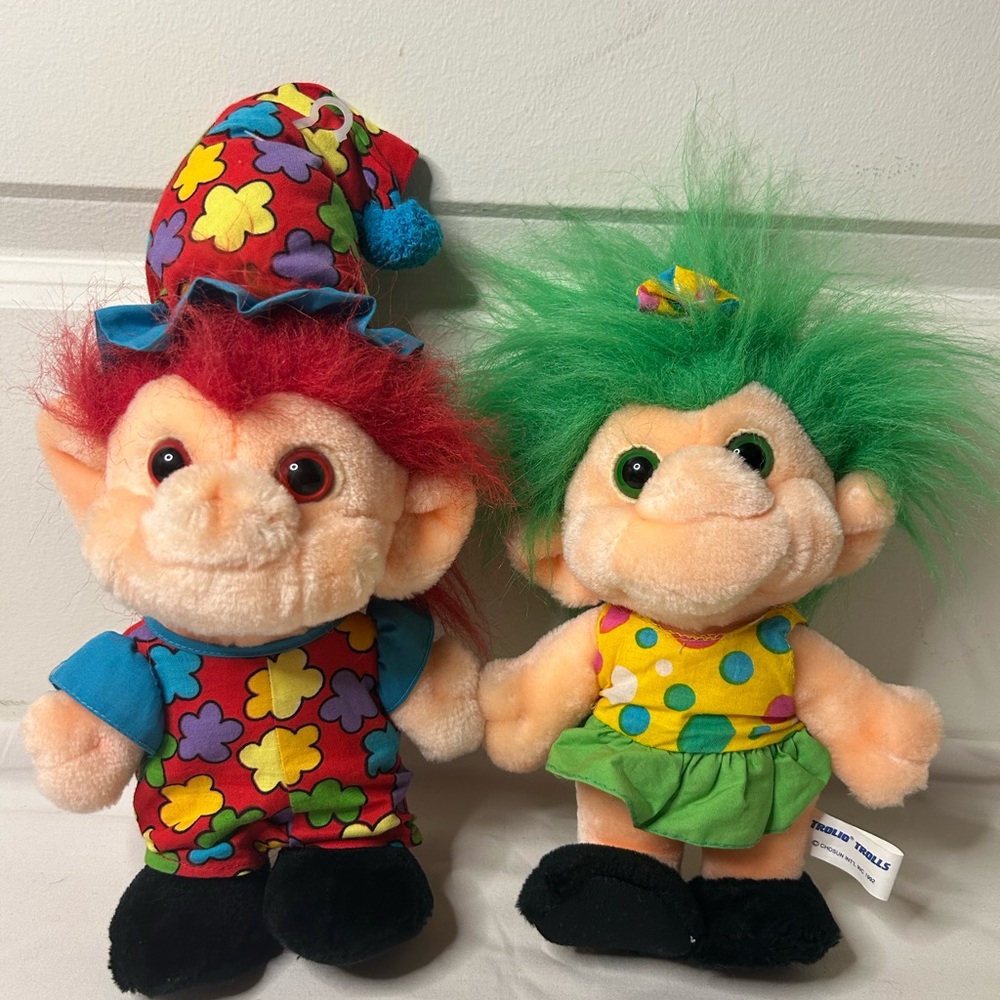 VTG 1992 Trolio Troll Plush Doll Set of 2 Red Jester & Green Hair Girl 10”
